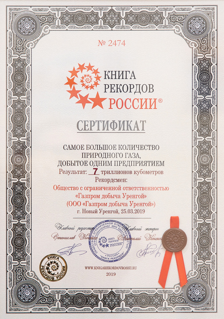 Сертификат Книги рекордов России, подтверждающий регистрацию рекорда